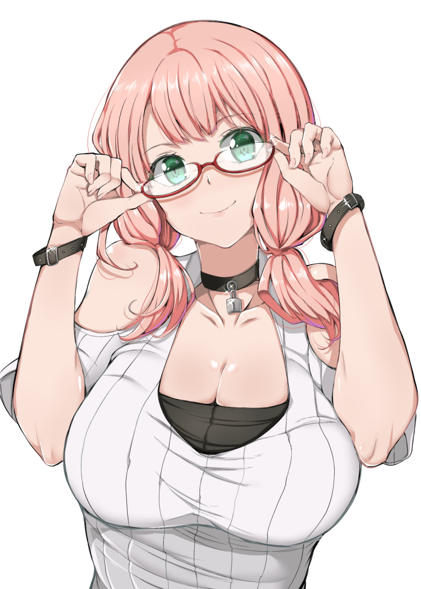 1girl bang_dream! black_choker breasts choker cleavage closed_mouth collarbone commentary_request fingernails glasses green_eyes highres large_breasts looking_at_viewer pink_hair red-framed_eyewear rihitozoire semi-rimless_eyewear short_hair short_twintails simple_background smile solo twintails uehara_himari under-rim_eyewear upper_body white_background