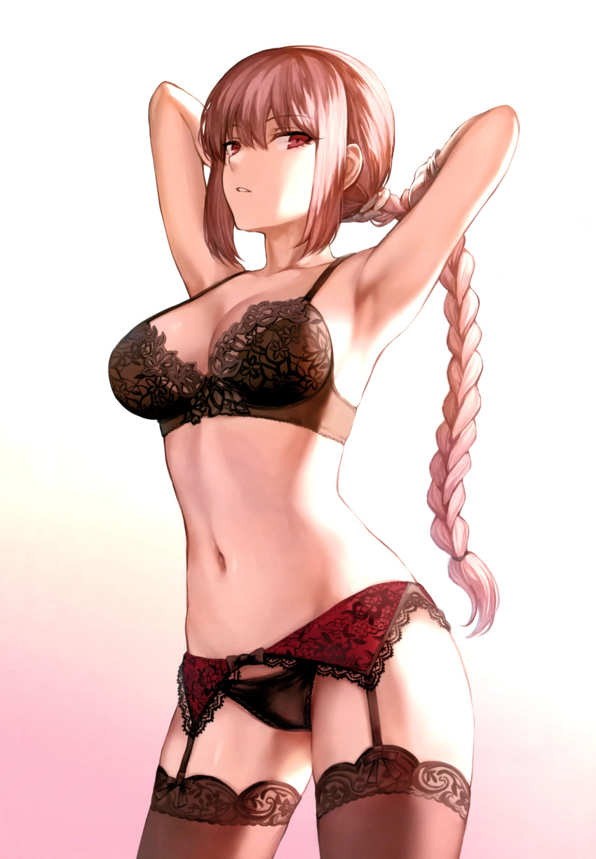 1girl absurdres adjusting_hair armpits arms_behind_head arms_up bangs black_bow black_bra black_legwear black_panties bow bra braid breasts cleavage collarbone cowboy_shot eyebrows_visible_through_hair fate/grand_order fate_(series) florence_nightingale_(fate/grand_order) garter_belt gloves gradient gradient_background hair_between_eyes highres hips lace lace-trimmed_bra lace-trimmed_garter_belt lace-trimmed_thighhighs legs_apart long_hair looking_at_viewer mashu_003 medium_breasts navel panties parted_lips pink_background pink_hair red_eyes scan sidelocks sideways_glance simple_background single_braid solo standing thigh-highs underwear underwear_only white_gloves