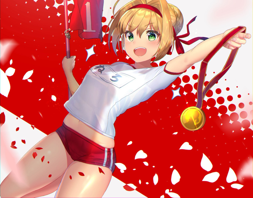 1girl :d arm_up bangs blonde_hair blurry blush braid buruma character_name commentary_request depth_of_field dutch_angle eyebrows_visible_through_hair fate/grand_order fate_(series) fingernails flag french_braid glint green_eyes gym_uniform hair_between_eyes hair_bun hair_intakes hair_ribbon halftone halftone_background head_tilt highres holding leg_up looking_at_viewer medal midriff motion_blur name_tag nayuta_(una) nero_claudius_(fate) nero_claudius_(fate)_(all) number olympian_bloomers open_mouth outstretched_arm petals red_background red_buruma red_headband red_ribbon ribbon rose_petals shiny shiny_hair shiny_skin shirt short_hair short_sleeves sidelocks smile solo sparkle standing standing_on_one_leg upper_teeth white_background white_shirt