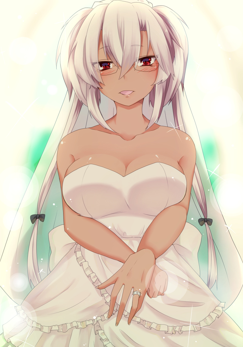 1girl blush bow breasts cleavage commentary_request dark_skin dress female glasses hair_between_eyes hibiki_hotaru highres jewelry kantai_collection large_breasts looking_at_viewer musashi_(kantai_collection) open_mouth red_eyes ring short_hair_with_long_locks smile solo twintails veil wedding_band wedding_dress wedding_ring white_hair