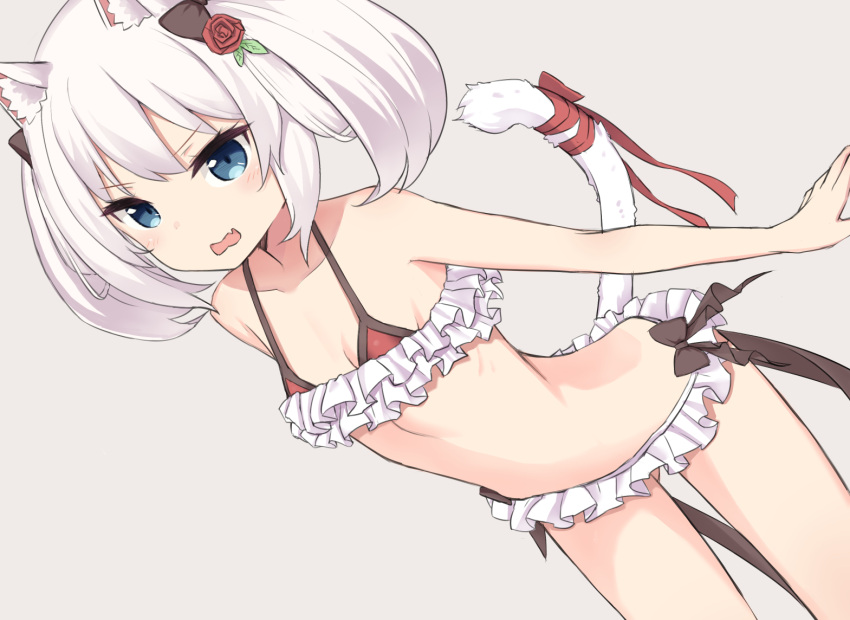 1girl animal_ears ass_visible_through_thighs azur_lane bangs bare_arms bare_shoulders bikini black_bow blue_eyes blush bow breasts brown_background cat_ears cat_girl cat_tail commentary_request coraman dutch_angle eyebrows_visible_through_hair fang hammann_(azur_lane) leaning_forward open_mouth red_bikini_top red_ribbon ribbon silver_hair simple_background small_breasts solo swimsuit tail tail_raised tail_ribbon twintails v-shaped_eyebrows wavy_mouth