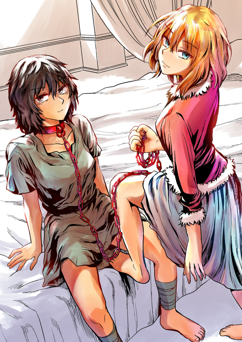 2girls absurdres andou_(girls_und_panzer) bangs barefoot bed black_hair blonde_hair blue_eyes chains collar dark_skin fur_trim girls_und_panzer girls_und_panzer_saishuushou highres leash leg_wrap medium_hair messy_hair multiple_girls oshida_(girls_und_panzer) rags short_hair sitting skirt slave subuta_yuuki