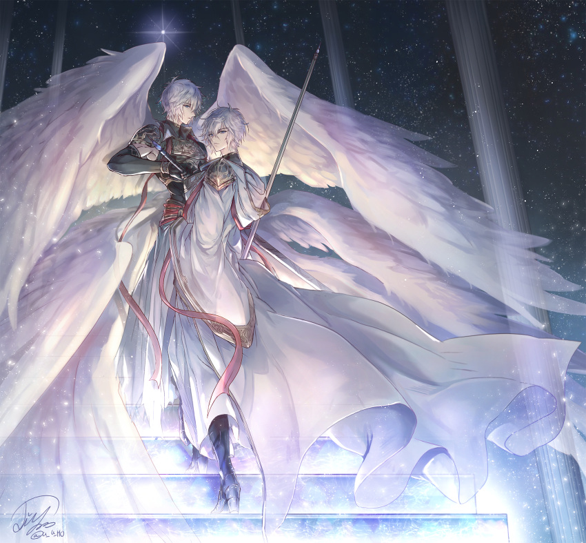 2boys black_footwear black_gloves breastplate cape eyebrows_visible_through_hair feathered_wings gloves granblue_fantasy grey_eyes hair_between_eyes highres holding holding_sword holding_weapon hooded jiyo_(3510_tss) looking_at_viewer looking_back lucilius_(granblue_fantasy) male_focus multiple_boys short_hair shoulder_armor signature silver_hair sky spaulders star_(sky) starry_sky sword weapon white_cape white_wings wings