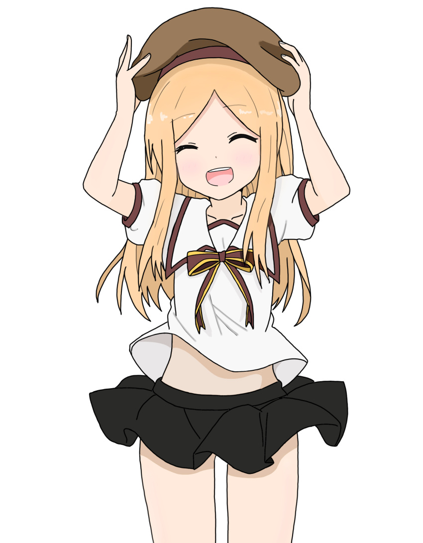 1girl :d ^_^ abigail_williams_(fate/grand_order) arms_up ass_visible_through_thighs atsumisu bangs beret black_skirt blonde_hair blush bow brown_bow brown_hat closed_eyes closed_eyes collarbone commentary_request cosplay cowboy_shot eyebrows_visible_through_hair facing_viewer fate/grand_order fate/kaleid_liner_prisma_illya fate_(series) forehead hands_on_headwear hat highres homurahara_academy_uniform illyasviel_von_einzbern illyasviel_von_einzbern_(cosplay) long_hair open_mouth parted_bangs pleated_skirt puffy_short_sleeves puffy_sleeves school_uniform shirt short_sleeves simple_background skirt smile striped striped_bow upper_teeth very_long_hair white_background white_shirt wind wind_lift