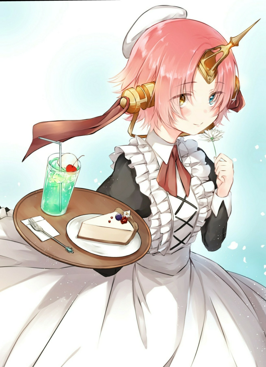 1girl alternate_costume apron bangs bendy_straw beret black_dress blue_eyes blush brown_eyes cake cheesecake cherry_blossoms closed_mouth cup dress drink drinking_glass drinking_straw enmaided fate/grand_order fate_(series) flower food fork frankenstein's_monster_(fate) hat heterochromia highres holding holding_flower holding_tray horn ice ice_cream ice_cream_float ice_cube juliet_sleeves long_sleeves maid mini_hat parted_bangs pink_hair plate puffy_sleeves sena_tea29 short_hair slice_of_cake smile solo tray white_apron white_flower white_hat