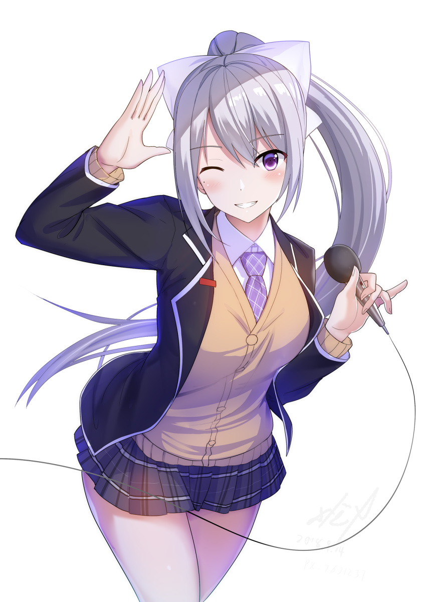 1girl ;) bangs commentary_request eyebrows_visible_through_hair grin hair_between_eyes hair_ribbon hand_up highres higuchi_kaede holding holding_microphone long_hair looking_at_viewer microphone necktie nijisanji one_eye_closed ponytail ribbon silver_hair simple_background skirt smile solo swept_bangs violet_eyes virtual_youtuber white_background xkc