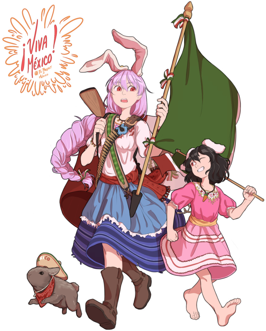 2girls ;d animal_ears bandanna bandolier barefoot black_hair blouse boots braid carrot carrot_necklace commentary_request eyebrows_visible_through_hair flag flagpole floral_print frills grin gun hair_between_eyes hat highres inaba_tewi jewelry layered_skirt long_hair mefomefo mexican_flag mexico multiple_girls necklace one_eye_closed open_mouth puffy_short_sleeves puffy_sleeves purple_hair rabbit rabbit_ears red_eyes reisen_udongein_inaba rifle sash short_hair short_sleeves simple_background skirt smile sombrero spanish_commentary touhou weapon white_background