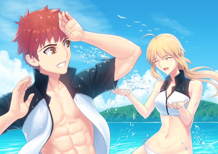 1boy 1girl ahoge artoria_pendragon_(all) artoria_pendragon_(swimsuit_archer) bikini blonde_hair blue_sky breasts brown_eyes brown_hair cleavage closed_eyes collarbone day emiya_shirou eyebrows_visible_through_hair fate/grand_order fate_(series) fateline_alpha floating_hair grin hair_between_eyes jacket long_hair open_clothes open_jacket open_mouth outdoors ponytail side-tie_bikini sky smile swimsuit upper_body white_bikini