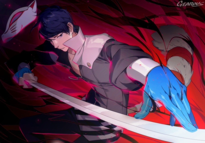 1boy artist_name black_pants blue_gloves blue_hair fox_mask fox_tail gearous gloves hair_between_eyes holding holding_sword holding_weapon katana kitagawa_yuusuke male_focus mask pants partially_unzipped persona persona_5 short_hair solo sword tail violet_eyes weapon