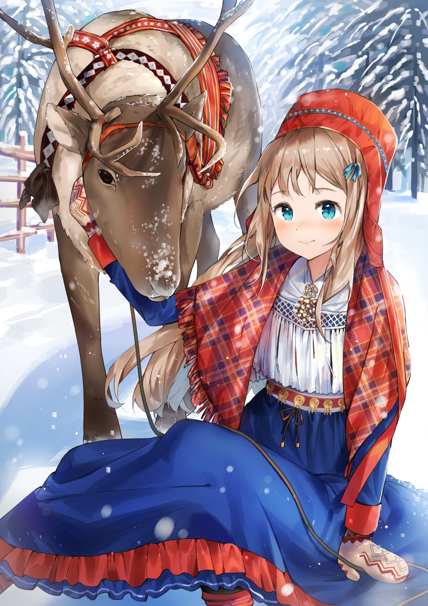 1girl absurdres antlers blue_eyes brown_hair cherim dress fence forest gloves hair_ribbon hat highres nature original reindeer ribbon sami_clothes sitting snow traditional_clothes