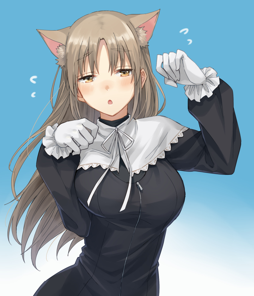 1girl :o animal_ear_fluff animal_ears arm_up bangs black_dress blue_background breasts brown_eyes cat_ears dress eyebrows_visible_through_hair flying_sweatdrops gloves gradient gradient_background hair_between_eyes hand_up head_tilt highres kemonomimi_mode large_breasts light_brown_hair long_hair long_sleeves neck_ribbon nijisanji no_hat no_headwear parted_lips paw_pose ribbon sister_cleaire solo somechime_(sometime1209) very_long_hair virtual_youtuber white_background white_gloves white_ribbon