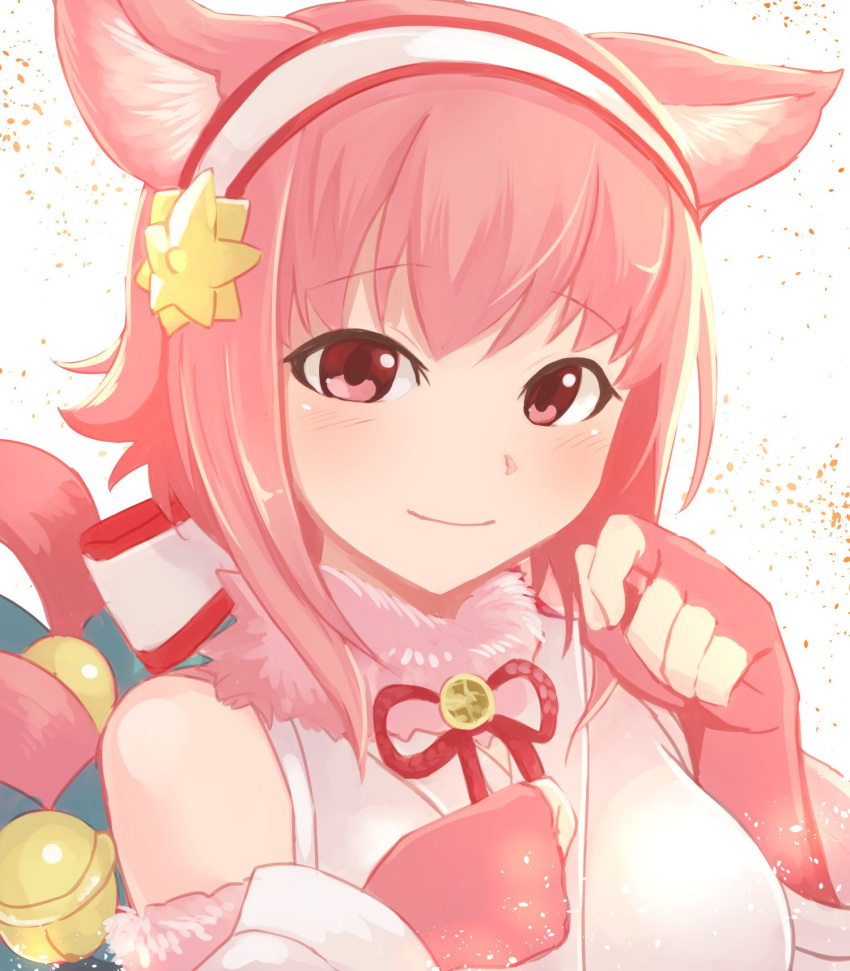 1girl animal_ears bell cat_ears cat_tail closed_mouth fake_animal_ears fake_tail fingerless_gloves fire_emblem fire_emblem_heroes fire_emblem_if fur_trim gloves hair_ornament hairband highres japanese_clothes nakabayashi_zun nintendo pink_hair red_eyes sakura_(fire_emblem_if) short_hair simple_background sleeveless smile solo tail white_background