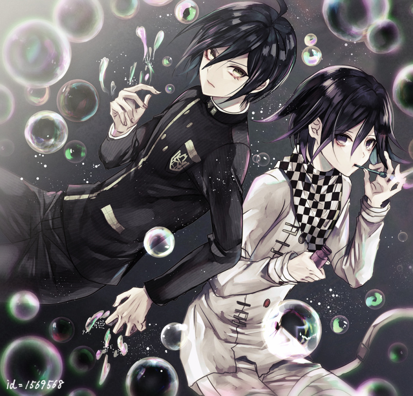 2boys ahoge black_hair black_jacket black_pants brown_eyes bubble checkered checkered_neckwear dangan_ronpa hair_between_eyes holding jacket looking_at_viewer male_focus multiple_boys new_dangan_ronpa_v3 ouma_kokichi pants saihara_shuuichi school_uniform shiny shiny_hair white_jacket white_pants z-epto_(chat-noir86)