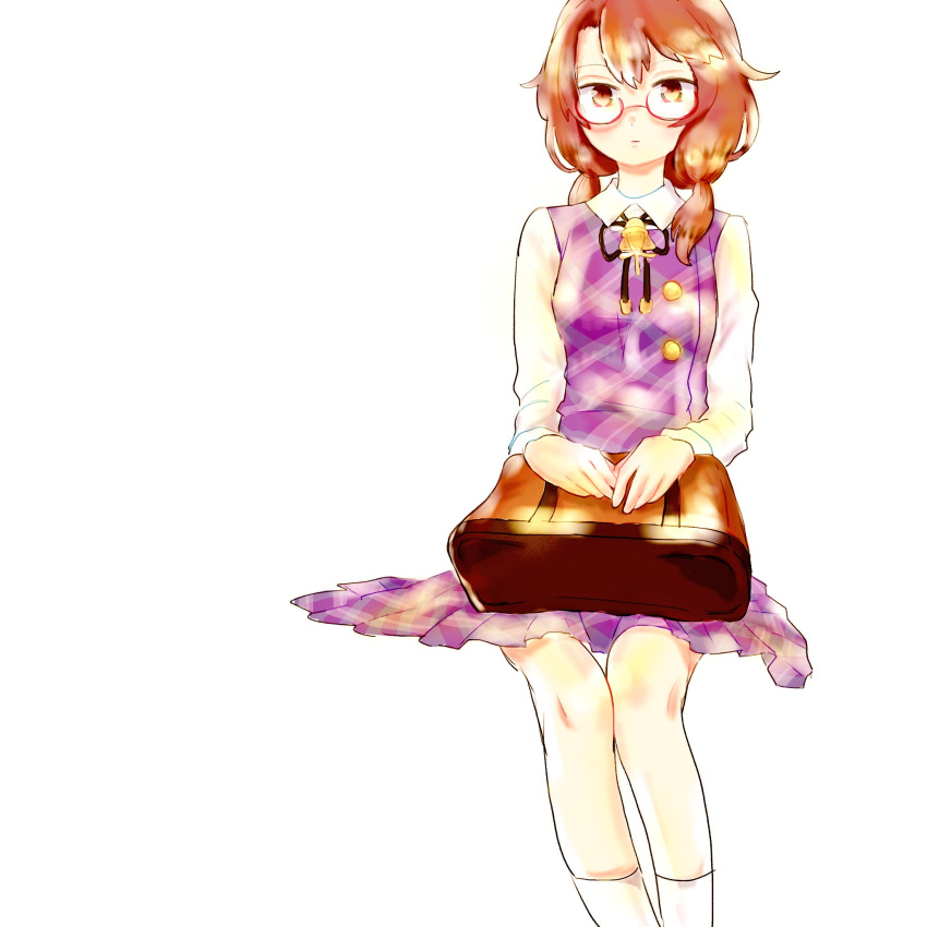 1girl brown_hair closed_mouth glasses highres looking_at_viewer low_twintails moromoro plaid plaid_vest school_uniform semi-rimless_eyewear shirt short_hair solo touhou twintails usami_sumireko vest