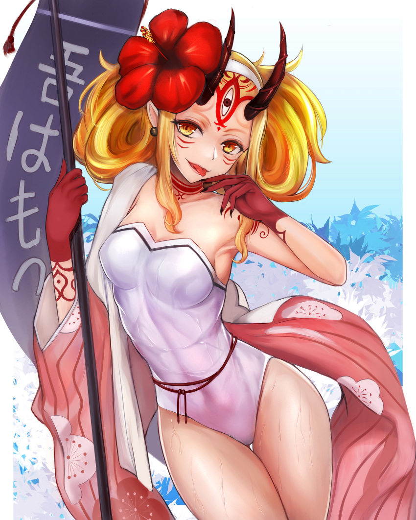 1girl :p absurdres arm_up armpits banner bare_shoulders black_nails blonde_hair blue_background breasts casual_one-piece_swimsuit cleavage collarbone commentary_request cowboy_shot earrings facial_mark fate/grand_order fate_(series) finger_to_mouth fingernails floral_background flower forehead_mark hair_flower hair_ornament hairband head head_tilt hibiscus highres holding ibaraki_douji_(fate/grand_order) japanese_clothes jewelry kimono long_fingernails long_hair medium_breasts nail_polish one-piece_swimsuit oni oni_horns open_clothes open_kimono parted_lips pink_kimono pointy_ears red_flower sidelocks smile solo strapless strapless_swimsuit striped striped_kimono swimsuit thigh_gap thighs tongue tongue_out translation_request twintails water wet white_hairband white_swimsuit yellow_eyes ytoy