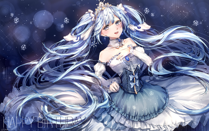 1girl :d blue_hair blush choker collar dress floating_hair grey_eyes hair_ornament happy_birthday hatsune_miku highres kity1211_tetsu lens_flare long_hair looking_at_viewer musical_note open_mouth smile snowflakes solo sparkle standing strapless strapless_dress twintails very_long_hair vocaloid white_dress yuki_miku