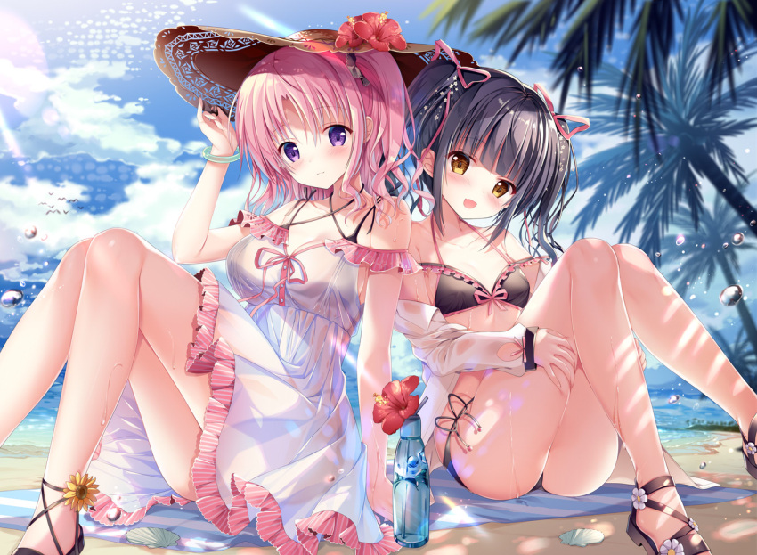 2girls :d arm_up ass bangs bare_legs bare_shoulders beach bikini black_bikini black_footwear black_hair blue_sky blurry blurry_background blush bottle breasts brown_eyes brown_hat clouds cloudy_sky collarbone commentary_request criss-cross_halter day depth_of_field dress eyebrows_visible_through_hair fang flower front-tie_bikini front-tie_top hair_between_eyes hair_ribbon halterneck hand_on_headwear hat hat_flower head_tilt horizon jacket long_hair long_sleeves looking_at_viewer medium_breasts multiple_girls ocean off_shoulder open_clothes open_jacket open_mouth original outdoors palm_tree pink_hair pink_ribbon red_flower ribbon sand sandals sitting sky sleeves_past_wrists small_breasts smile sousouman sun_hat sunflower swimsuit tree twintails violet_eyes water water_bottle water_drop white_dress white_flower white_jacket yellow_flower