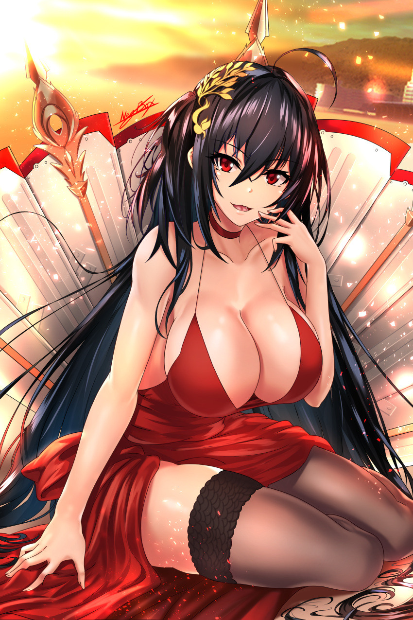 1girl absurdres ahoge azur_lane bangs bare_shoulders black_hair black_legwear blush breasts choker cleavage collarbone commentary_request dress eyebrows_visible_through_hair hair_between_eyes hair_ornament hair_ribbon highres large_breasts long_hair looking_at_viewer nez-kun parted_lips red_dress red_eyes red_ribbon ribbon signature smile solo taihou_(azur_lane) thigh-highs tied_hair twintails very_long_hair
