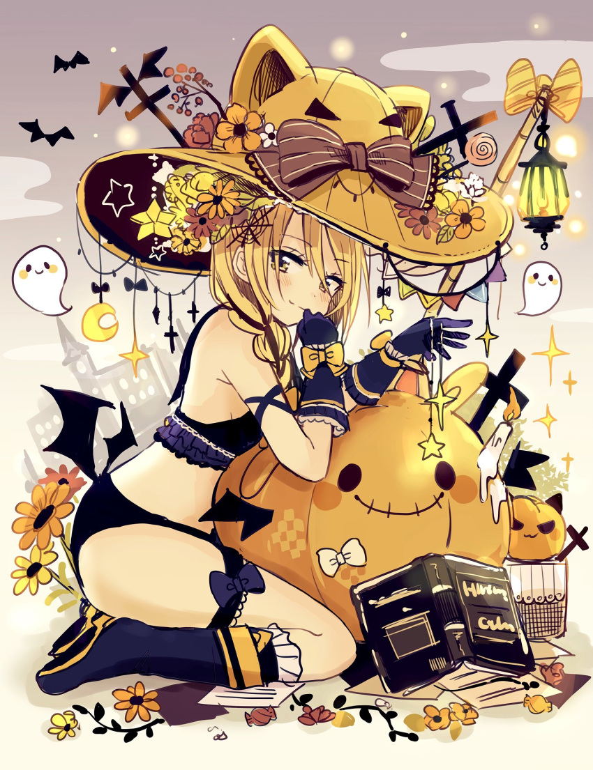 1girl animal_ears animal_hat bangs black_bra black_panties blonde_hair blue_gloves blue_legwear blush book boots bow bra braid brown_bow candy cat_ears cat_hat closed_mouth clouds commentary elbow_gloves english_commentary eyebrows_visible_through_hair flower food frilled_bra frills ghost gloves hair_between_eyes hair_over_shoulder hands_up hat hat_bow hat_flower head_tilt highres jack-o'-lantern knee_boots lantern lollipop looking_at_viewer looking_to_the_side open_book orange_flower orange_hat original panties pumpkin_hat red_flower sakura_oriko side_braid sitting sky smile solo star striped striped_bow swirl_lollipop underwear wariza white_bow white_flower yellow_flower