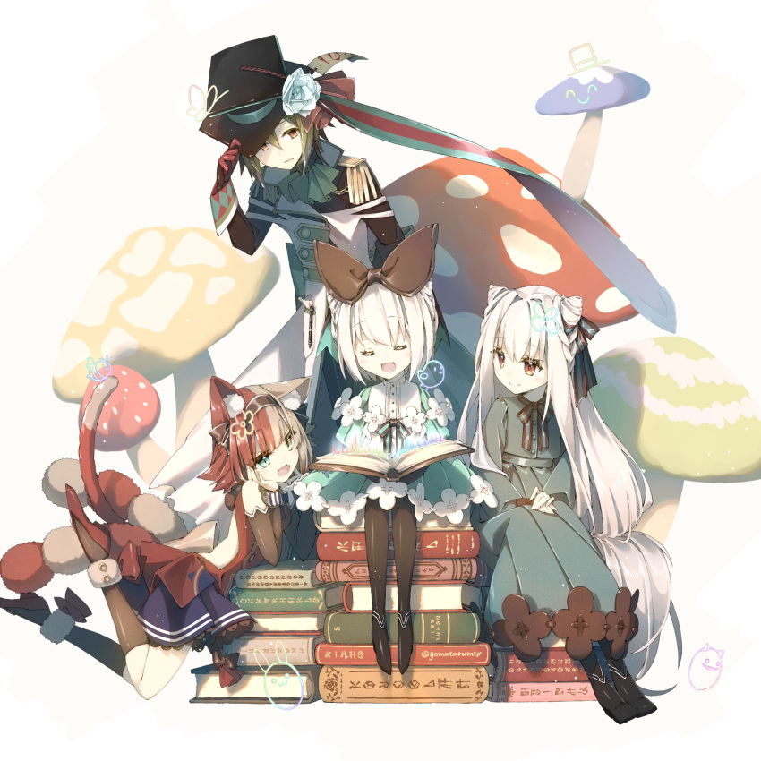 1boy 3girls :d animal_ears black_hat black_legwear blue_eyes blue_skirt book book_stack brown_eyes brown_hair cat_ears cat_tail character_request chin_rest closed_eyes closed_mouth dress epaulettes eyebrows_visible_through_hair fang gomatarumix green_hair hair_ribbon hand_on_headwear hat head_tilt heterochromia highres kneehighs last_period long_hair looking_at_another multicolored_hair multiple_girls mushroom open_book open_mouth parted_lips red_footwear redhead ribbon short_hair sitting skirt smile striped striped_ribbon tail two-tone_hair very_long_hair white_hair