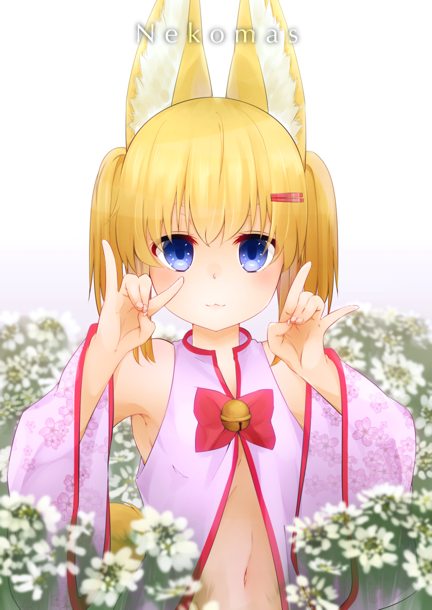 1girl :3 animal_ears armpits arms_up bell blonde_hair blue_eyes detached_sleeves flower fox_ears fox_tail hair_ornament hairclip highres jingle_bell kemomimi_oukoku_kokuei_housou long_hair mikoko_(kemomimi_oukoku_kokuei_housou) navel open_clothes open_shirt pink_shirt shadow_puppet shirt smile solo tail twintails upper_body virtual_youtuber
