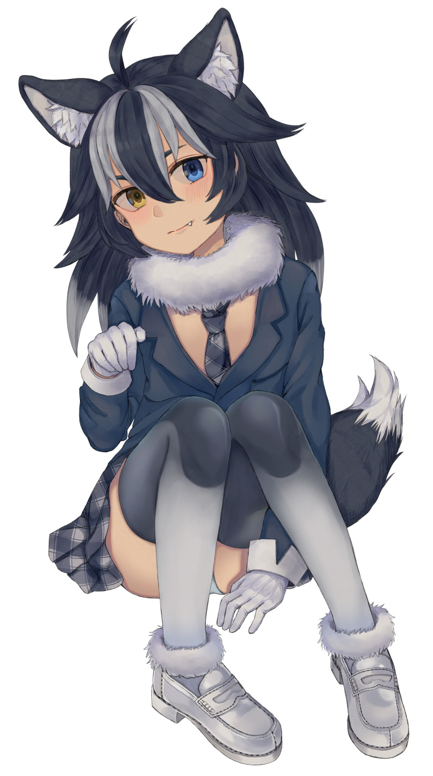 1girl absurdres ahoge ancolatte_(onikuanco) animal_ears black_hair blue_eyes commentary extra_ears fang fang_out full_body fur_collar fur_trim gloves grey_legwear grey_wolf_(kemono_friends) hair_between_eyes head_tilt heterochromia highres kemono_friends light_smile long_hair long_sleeves looking_at_viewer multicolored multicolored_clothes multicolored_hair multicolored_legwear necktie panties pantyshot plaid plaid_neckwear plaid_skirt shoes simple_background skirt solo streaked_hair symbol_commentary tail thigh-highs two-tone_hair underwear white_background white_gloves white_hair white_panties wolf_ears wolf_tail yellow_eyes