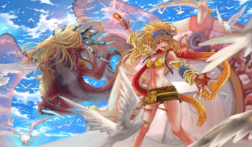 1girl absurdres aircraft airship arm_up bandanna beads bikini_top bird blonde_hair blue_sky braid breasts card claws cleavage detached_sleeves dragon fangs final_fantasy final_fantasy_x final_fantasy_x-2 fingerless_gloves gloves highres horns looking_at_viewer medium_breasts monster navel open_mouth outstretched_arm rikku scarf skirt sky smile sonyamoon666 stomach wings yellow_bikini_top