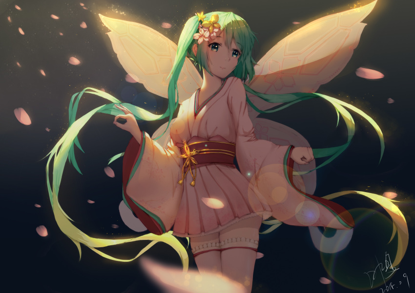 1girl absurdres blonde_hair butterfly_hair_ornament butterfly_wings cherry_blossoms eyebrows_visible_through_hair floating_hair flower gradient_hair green_eyes green_hair hair_between_eyes hair_flower hair_ornament hatsune_miku highres japanese_clothes kimono lens_flare long_hair miniskirt multicolored_hair obi pink_kimono pink_legwear pink_shirt pink_skirt sash shirt skirt smile solo standing thigh-highs twintails two-tone_hair user_cxmk7438 very_long_hair vocaloid white_flower wings