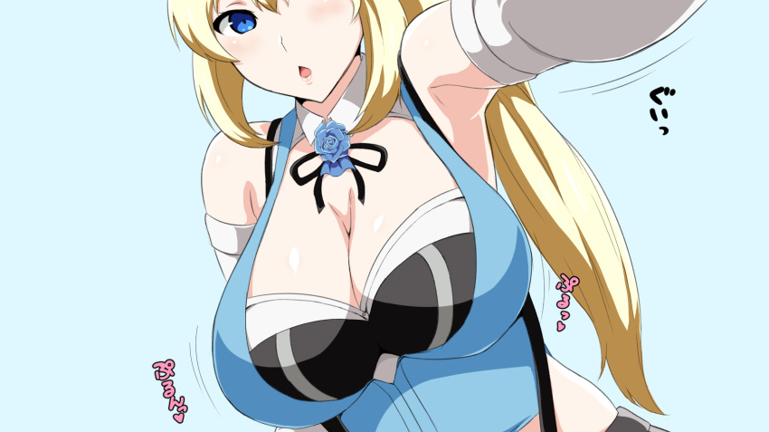 1girl :o armpits bare_shoulders black_ribbon blonde_hair blue_eyes blue_flower blue_rose blush breasts cleavage collar commentary_request detached_collar dutch_angle elbow_gloves flower gloves highres large_breasts long_hair looking_at_viewer midriff mirai_akari mirai_akari_project open_mouth outstretched_arm reaching_out ribbon rose self_shot side_ponytail solo taking_picture tawashi1623 virtual_youtuber white_gloves
