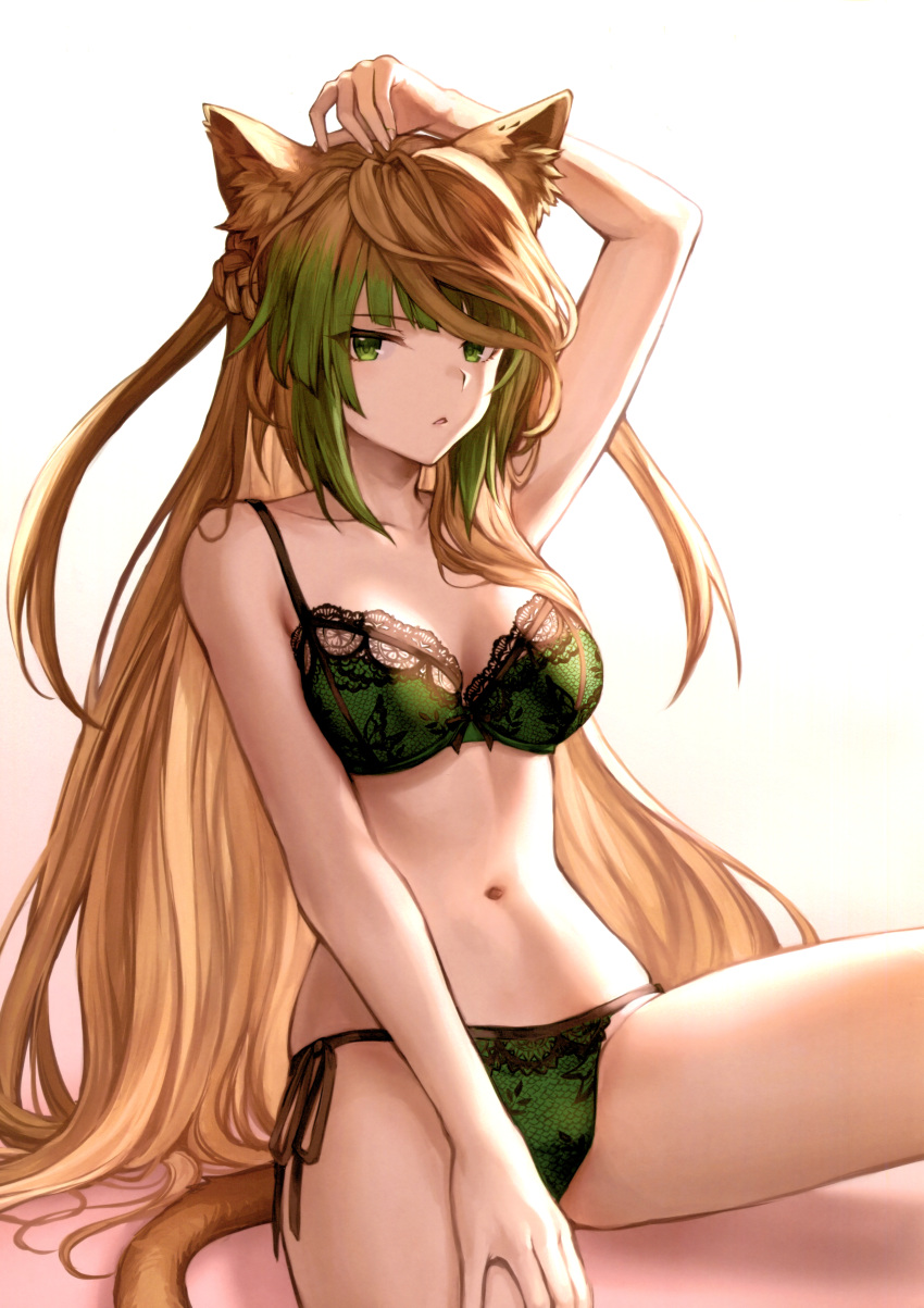 1girl absurdres ahoge alternate_costume animal_ears atalanta_(fate) bangs bare_shoulders blonde_hair blunt_bangs bra braid breasts cat_ears cat_tail collarbone eyebrows_visible_through_hair fate/apocrypha fate/grand_order fate_(series) fingernails french_braid gradient gradient_background gradient_hair green_bra green_eyes green_hair green_panties hand_on_head highres long_hair looking_at_viewer mashu_003 medium_breasts multicolored_hair navel panties parted_lips scan side-tie_panties sitting solo tail thighs two-tone_hair underwear underwear_only