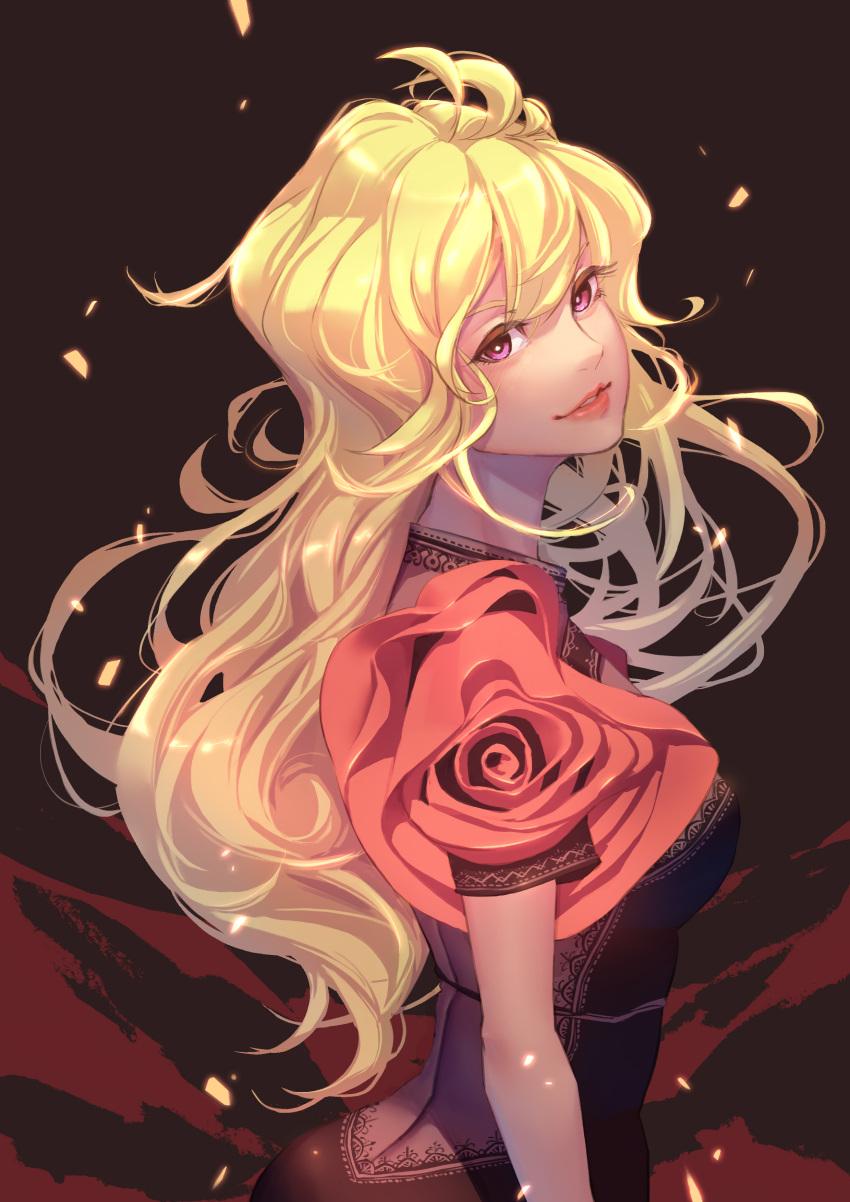 1girl absurdres black_dress blonde_hair dress floating_hair from_side head_tilt highres lipstick long_hair looking_at_viewer makeup parted_lips pink_eyes red_lips rwby smile solo splish upper_body very_long_hair yang_xiao_long