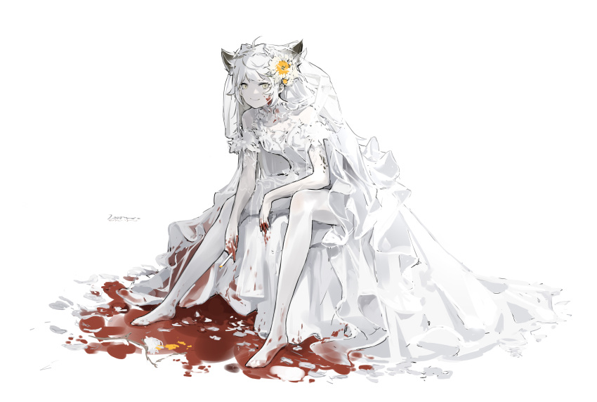 1girl absurdres alternate_costume animal_ears arknights bare_shoulders blood bridal_veil commentary_request dress highres lappland_(arknights) long_hair no_shoes off-shoulder_dress off_shoulder shinnasuka025 short_sleeves simple_background sitting solo veil wedding_dress white_background white_dress white_hair white_legwear wolf_ears