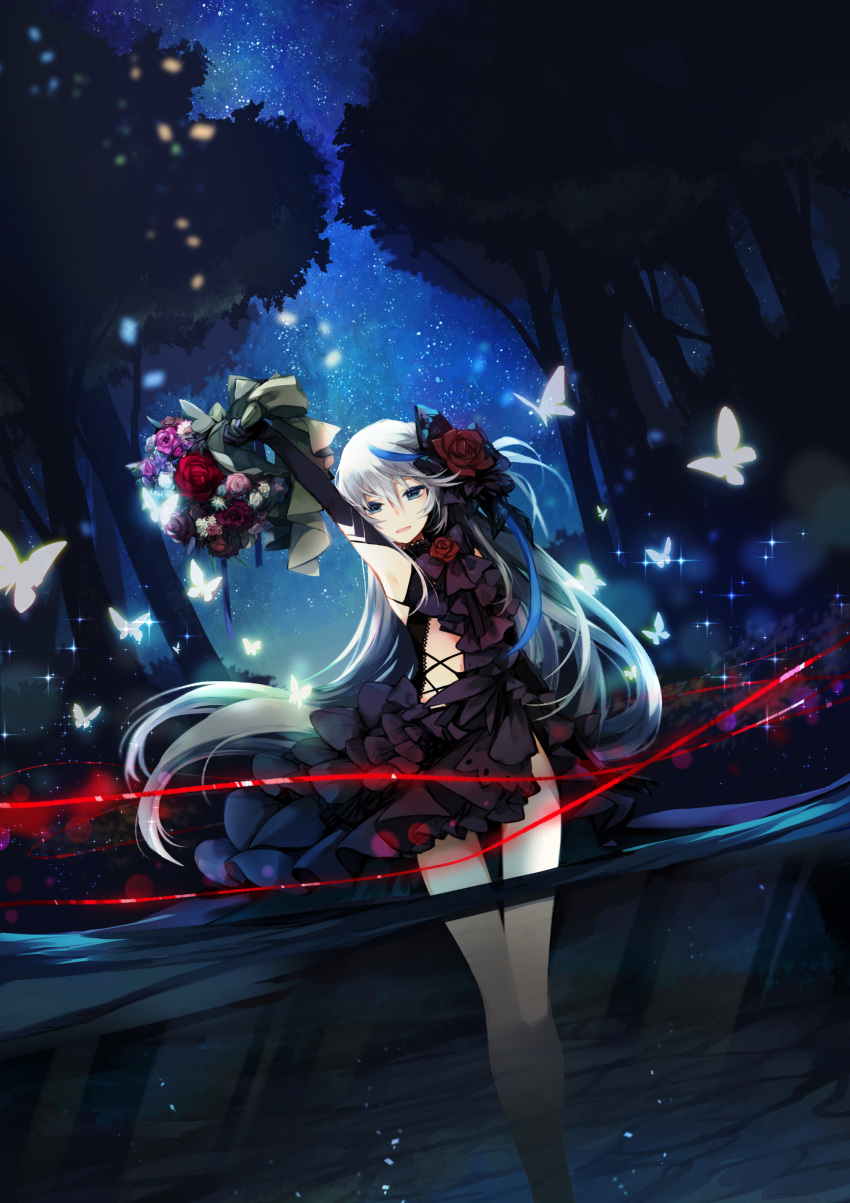1girl absurdres blue_eyes blurry bouquet bug butterfly depth_of_field dress flower hair_flower hair_ornament highres insect long_hair mikoto_kei night open_mouth original partially_submerged rose silver_hair sky smile solo sparkle star_(sky) starry_sky tree water