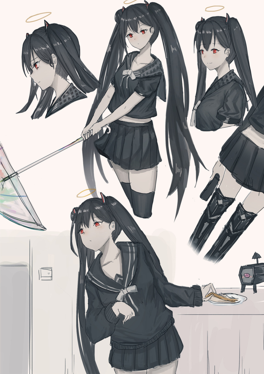 1girl aer7o bangs black_hair black_legwear black_serafuku black_shirt black_skirt blush bow broken_horn brown_background closed_mouth collarbone dinergate_(girls_frontline) eyebrows_visible_through_hair food girls_frontline gun hair_between_eyes halo handgun head_tilt highres holding holding_food holding_gun holding_umbrella holding_weapon horns long_hair looking_at_viewer multiple_views ouroboros_(girls_frontline) pistol plate red_eyes robot sangvis_ferri school_uniform serafuku shirt skirt thigh-highs transparent transparent_umbrella twintails umbrella very_long_hair weapon weapon_request white_bow