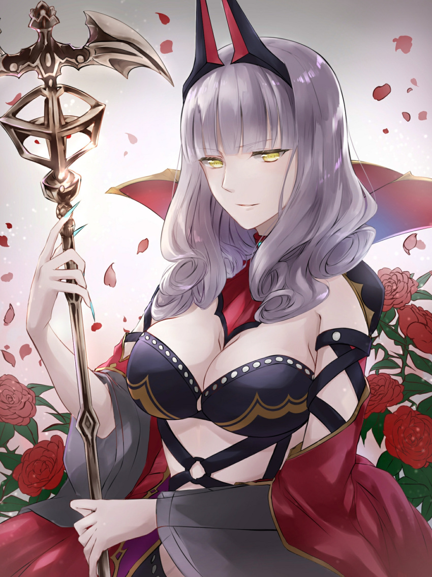 1girl bangs bare_shoulders blue_nails breasts carmilla_(fate/grand_order) cleavage eyebrows_visible_through_hair fate/grand_order fate_(series) female fingernails flower headgear highres long_fingernails long_hair looking_at_viewer medium_breasts nail_polish o-ring parted_lips petals red_flower red_rose rose rose_petals sena_tea29 sharp_fingernails silver_hair smile solo very_long_hair yellow_eyes