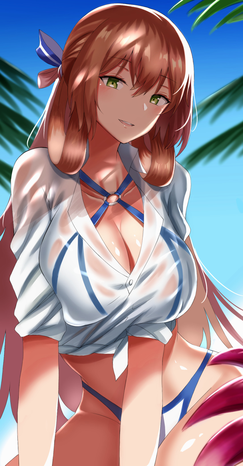 1girl alternate_costume bangs bikini blue_sky blurry blurry_background blush breasts brown_hair cleavage collarbone day eyebrows_visible_through_hair farys_(afopahqfw) girls_frontline green_eyes groin hair_between_eyes hair_ribbon hair_rings highres large_breasts leaning_forward long_hair looking_at_viewer m1903_springfield_(girls_frontline) o-ring o-ring_top open_mouth outdoors palm_leaf ponytail ribbon shade shirt sidelocks sky smile solo swimsuit thighs tied_shirt upper_teeth white_bikini white_shirt