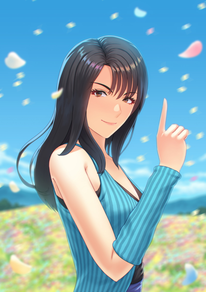 1girl absurdres arm_warmers bangs black_hair blue_shirt blue_sky blurry blurry_background brown_eyes cherry_blossoms closed_mouth collarbone day detached_sleeves eyebrows_visible_through_hair fateline_alpha field final_fantasy final_fantasy_viii flower flower_field from_side hair_between_eyes highres index_finger_raised long_hair looking_at_viewer outdoors rinoa_heartilly shiny shiny_hair shirt sky sleeveless sleeveless_shirt smile solo striped striped_shirt upper_body vertical-striped_shirt vertical_stripes