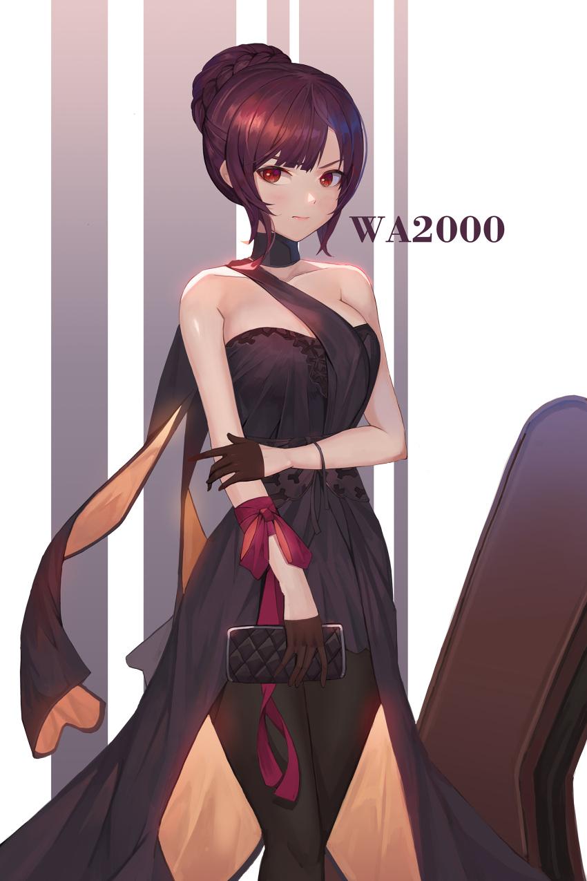 1girl absurdres alternate_hairstyle bag bare_shoulders braided_bun breasts character_name choker collarbone dress evening_gown frown girls_frontline gloves handbag highres holding_own_arm ilja instrument_case red_eyes redhead solo wa2000_(girls_frontline)