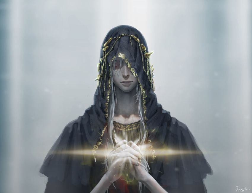 1boy artist_name closed_eyes dark_souls dark_souls_iii facing_viewer grey_background hands_together hood jdori long_nails lothric_(younger_prince) male_focus nail_polish one_eye_covered solo souls_(from_software) upper_body white_nails