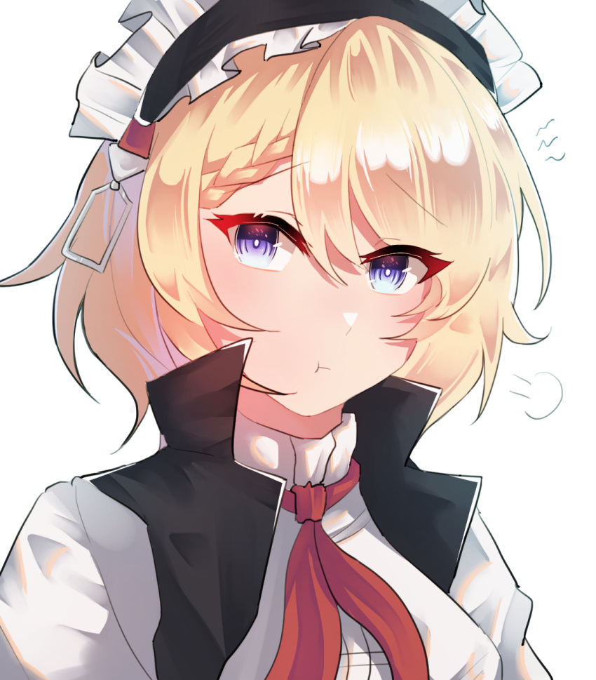 1girl :t asymmetrical_bangs bangs blonde_hair braid closed_mouth commentary crown_braid eyebrows_visible_through_hair eyelashes eyes_visible_through_hair furrowed_eyebrows g36_(girls_frontline) girls_frontline hair_between_eyes head_tilt highres looking_at_viewer maid_headdress meow_nyang parted_bangs pout red_neckwear ringed_eyes simple_background sketch_eyebrows solo violet_eyes white_background white_pupils