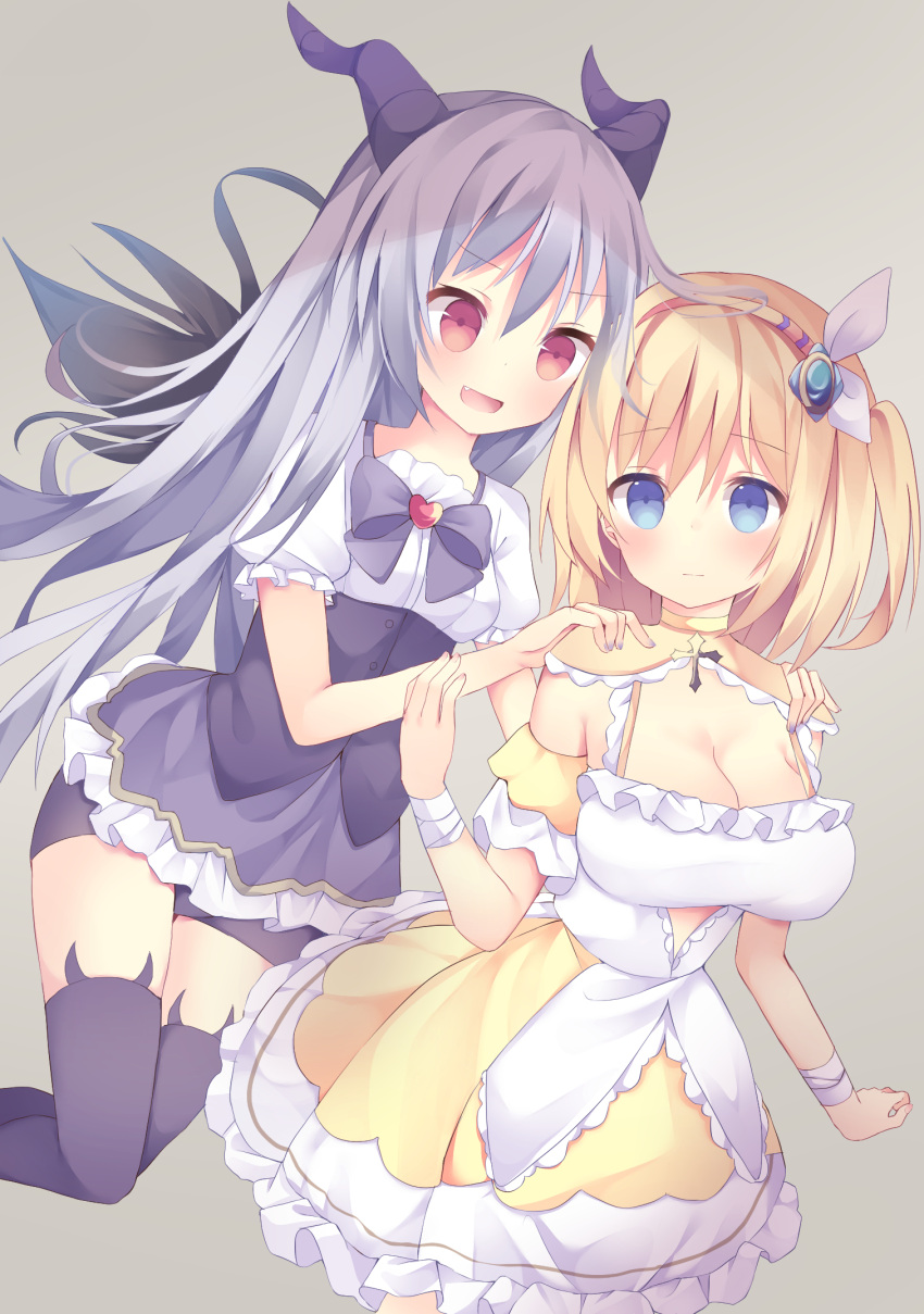 2girls :d :| bandage bandaged_arm bandages bangs bike_shorts black_shorts blonde_hair blue_eyes blush bow breasts cleavage closed_mouth commentary_request demon_horns detached_sleeves eyebrows_visible_through_hair fang fingernails frilled_skirt frills grey_background hair_between_eyes hair_ornament hairband hand_up hands_on_another's_shoulders heart highres horns long_hair looking_at_viewer medium_breasts multiple_girls nail_polish open_mouth original pleated_skirt puffy_short_sleeves puffy_sleeves purple_bow purple_nails purple_skirt red_eyes shirt short_shorts short_sleeves shorts silver_hair simple_background skirt sleeveless sleeveless_shirt small_breasts smile tsuruse underbust very_long_hair white_shirt yellow_hairband yellow_skirt