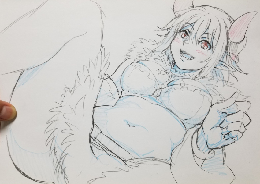 1girl :d another_eden blush bracelet breasts character_request cleavage commentary_request fur_trim highres horns hosshi_(nariagari) jewelry monochrome navel necklace open_mouth photo pointy_ears red_eyes short_hair sketch smile solo spot_color tongue traditional_media
