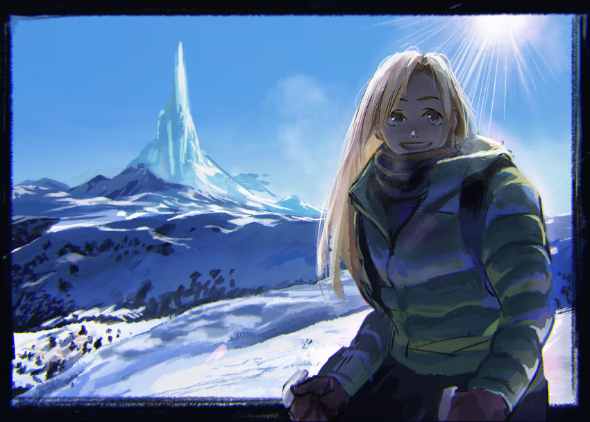 1girl :d bayashiko blonde_hair blue_sky breath coat gloves light_rays looking_at_viewer mountain open_mouth original outdoors pants scarf scenery sky smile snow solo sun winter_clothes winter_coat