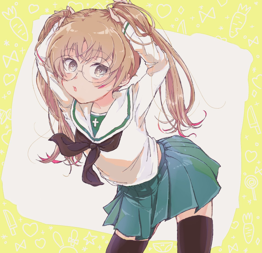 1girl :o adjusting_hair bangs black_legwear black_neckwear blouse brown_eyes brown_hair commentary_request eyebrows_visible_through_hair girls_und_panzer glasses green_skirt highres long_hair long_sleeves miniskirt neckerchief ooarai_school_uniform oono_aya open_mouth pleated_skirt round_eyewear school_uniform serafuku skirt solo thigh-highs tsumin twintails white_blouse