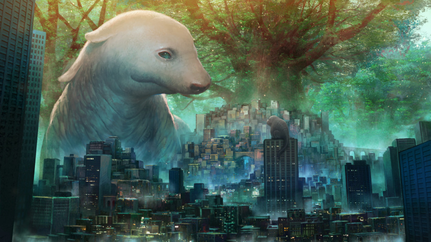 animal animal_request building city cityscape day giant_tree highres kakotomirai looking_at_another no_humans on_roof original outdoors oversized_animal scenery tree