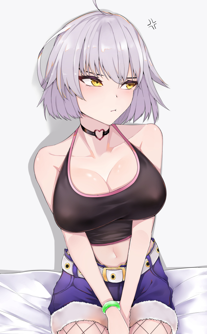 1girl absurdres anger_vein bangs bare_shoulders bed belt blue_background bracelet breasts choker cleavage closed_mouth crop_top cutoffs fate/grand_order fate_(series) fishnet_pantyhose fishnets hair_between_eyes highres jeanne_d'arc_(alter)_(fate) jeanne_d'arc_(fate)_(all) jewelry large_breasts mutsu_ane_daisuki navel on_bed pantyhose short_hair silver_hair simple_background sitting sitting_on_bed solo yellow_eyes
