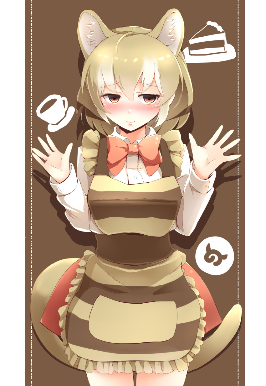 1girl absurdres apron blonde_hair blush bow bowtie brown_background brown_eyes collared_shirt cowboy_shot empty_eyes extra_ears eyebrows_visible_through_hair hair_between_eyes hands_up highres japari_symbol kanzakietc kemono_friends long_sleeves looking_at_viewer multicolored_hair shirt simple_background smile solo striped_apron thylacine_(kemono_friends) thylacine_ears thylacine_tail white_hair white_shirt