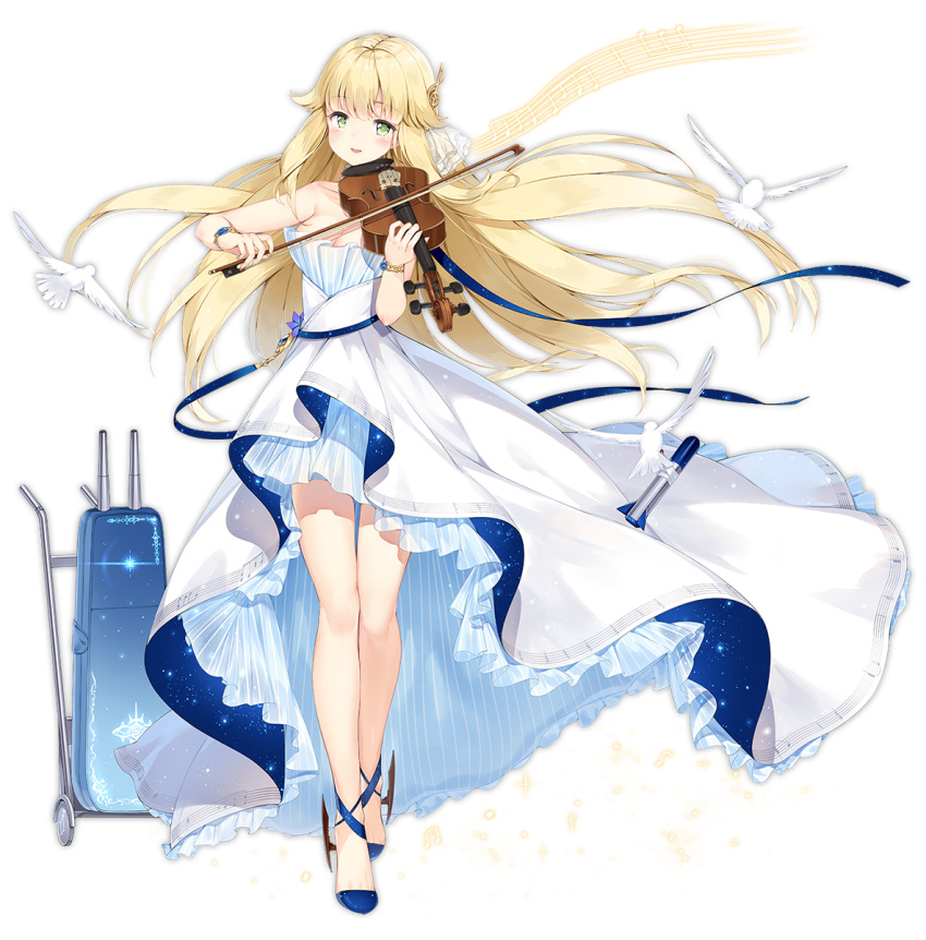 1girl aurora_(azur_lane) azur_lane bare_legs bare_shoulders bird blue_footwear blush braid breasts cleavage dress full_body green_eyes hair_between_eyes highres instrument kaede_(003591163) long_hair looking_at_viewer medium_breasts musical_note musical_note_print open_mouth seagull smile solo standing twin_braids very_long_hair violin violin_case