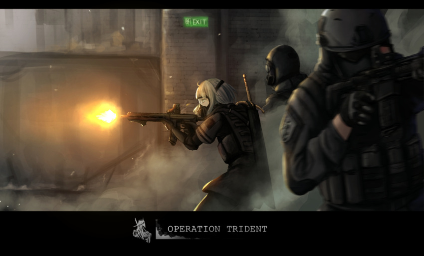 1girl 2boys blurry commentary exit_sign firing gas_mask gloves gun helmet highres holding holding_gun holding_weapon load_bearing_vest multiple_boys muzzle_flash original scabbard sheath sheathed short_hair smoke sword therj weapon