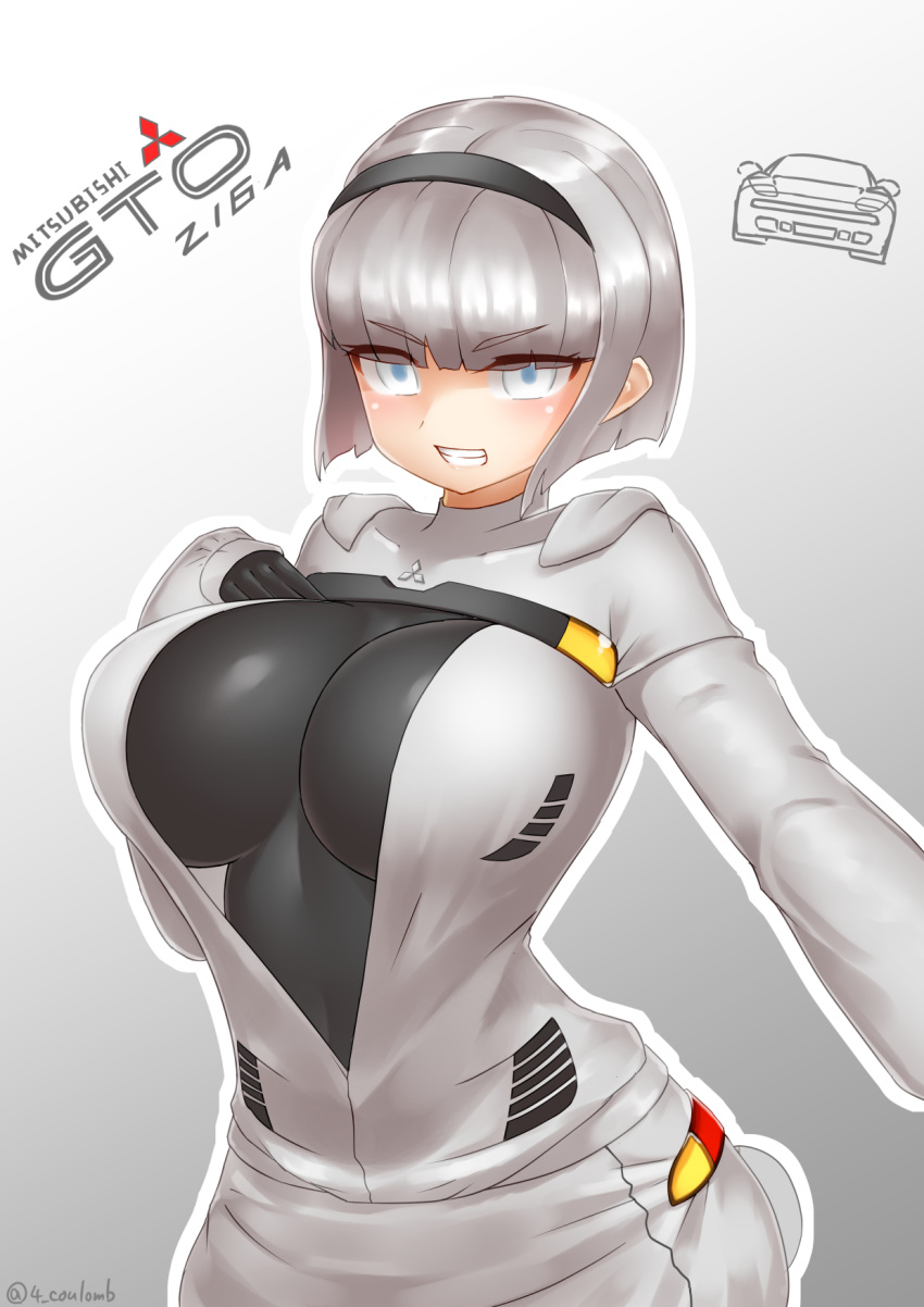 1girl blue_eyes bodysuit breasts car cleavage gloves grey_hair ground_vehicle highres large_breasts mitsubishi_motors motor_vehicle open_mouth original personification short_hair smile solo yonkuron